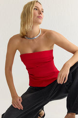 Red Strapless Fitted Draped Woven Blouse