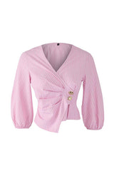 Pink Double-Breasted Striped Woven Blouse
