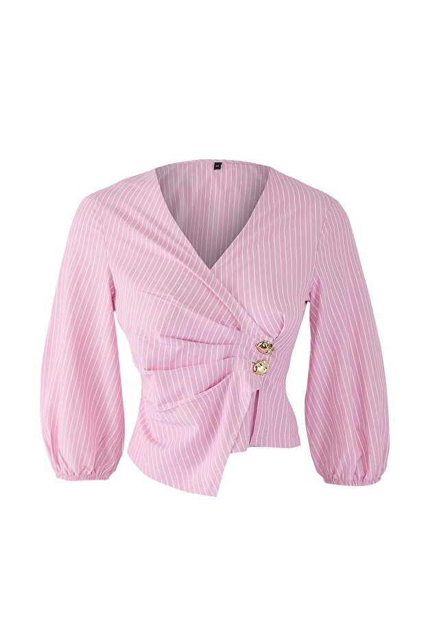 Pink Double-Breasted Striped Woven Blouse