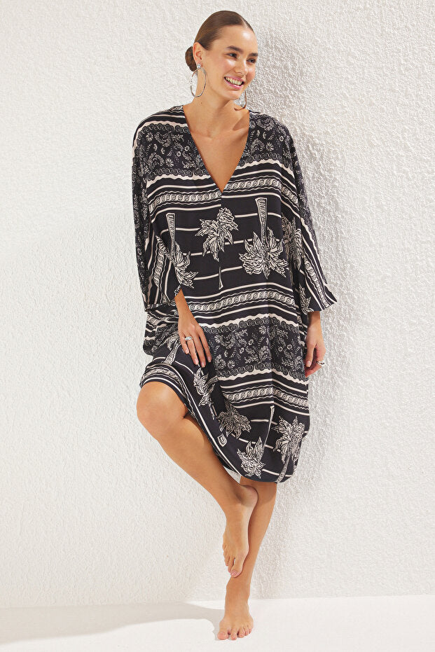 Tropical Pattern Woven Beach Midi Dress