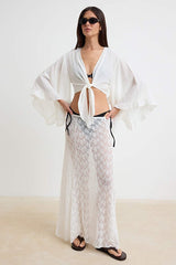 Ecru Ruffled Woven Beach Crop Top Blouse
