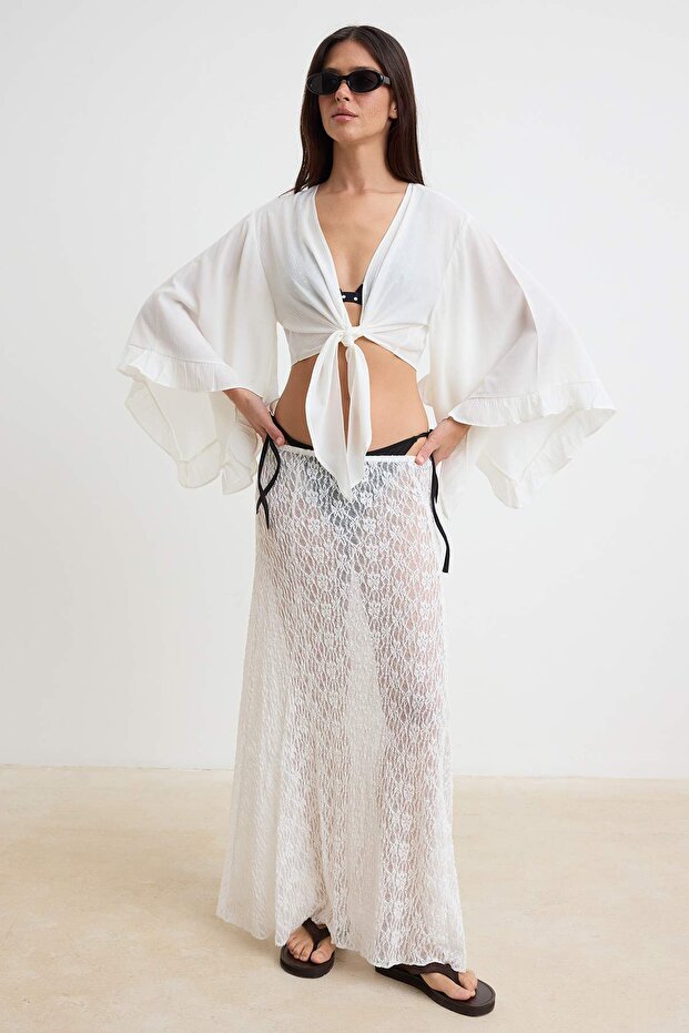 Ecru Ruffled Woven Beach Crop Top Blouse