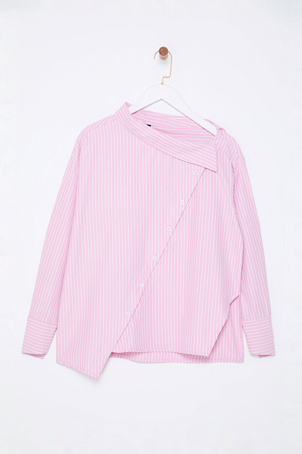 Pink-Collar Striped Woven Shirt with Detailed Design
