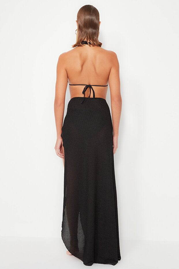 Black Woven Slit Maxi Beach Skirt
