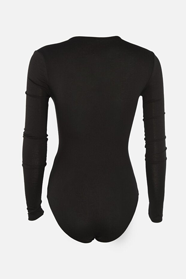 Black Deep V-Neck Knitted Bodysuit with Snaps