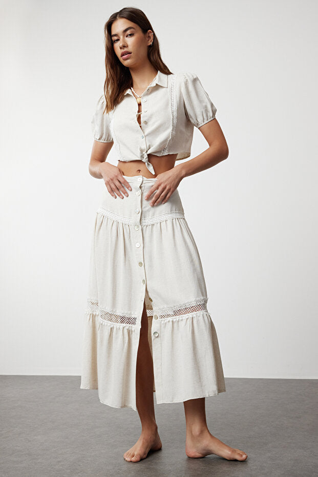 Beige Cropped Woven Tie-Front Linen-Look Beach Blouse