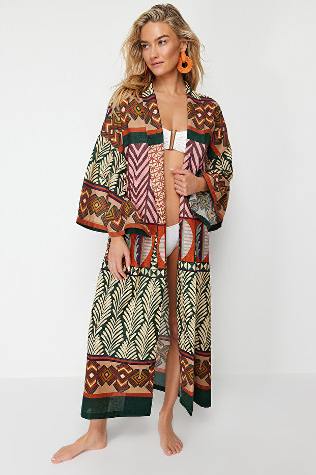 Ethnic-Patterned Woven Maxi Beach Kimono & Kaftan with Sash
