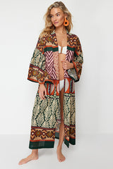 Ethnic-Patterned Woven Maxi Beach Kimono & Kaftan with Sash