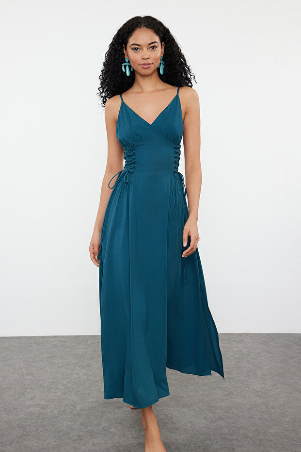 Petroleum Woven Tie Detail Maxi Beach Dress