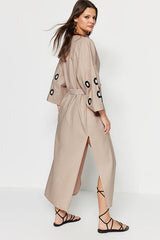 Beige Belted Woven Embroidered Maxi Beach Kimono & Kaftan