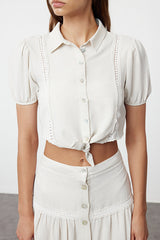 Beige Cropped Woven Tie-Front Linen-Look Beach Blouse