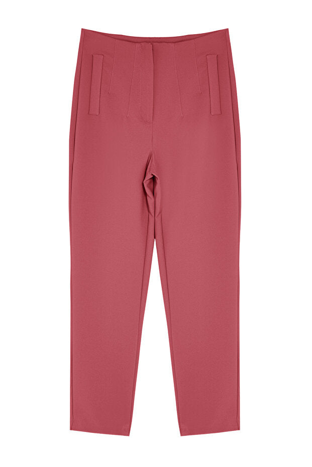 Dusty Rose High-Waist Pleated Ankle-Length Cigarette Woven Trousers