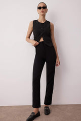 Black Cigarette-Fit Pleated High-Waisted Ankle-Length Woven Pants