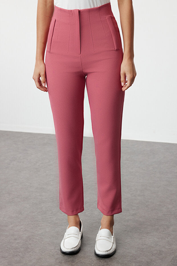 Dusty Rose High-Waist Pleated Ankle-Length Cigarette Woven Trousers
