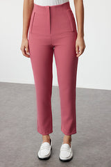 Dusty Rose High-Waist Pleated Ankle-Length Cigarette Woven Trousers