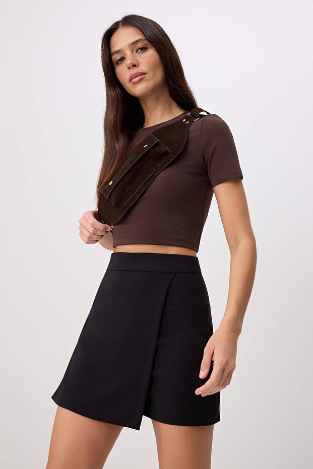 Black Double-Breasted Woven Shorts Skirt