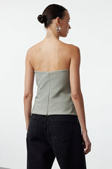 Light Khaki Strapless Fitted Draped Woven Blouse