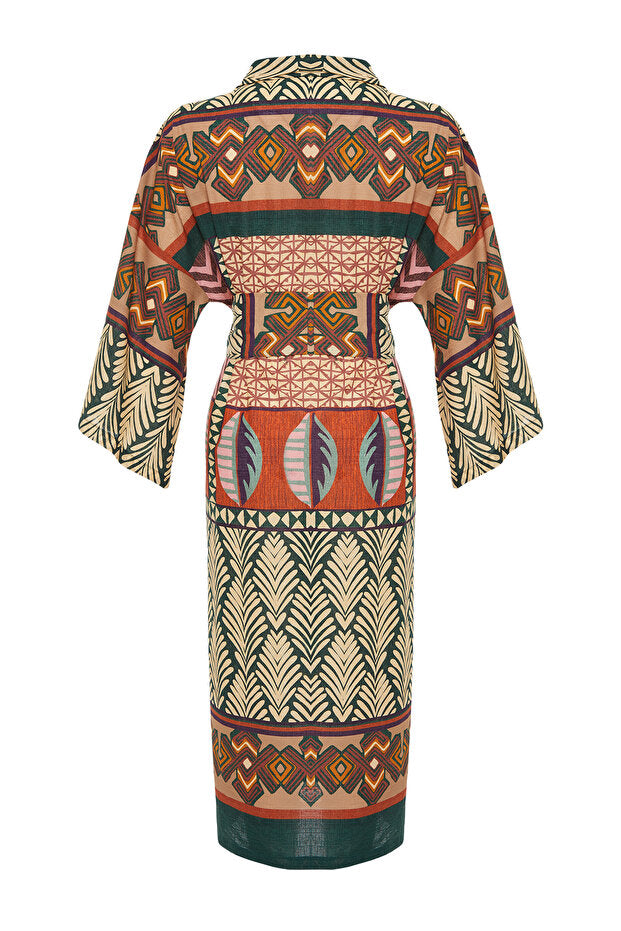 Ethnic-Patterned Woven Maxi Beach Kimono & Kaftan with Sash
