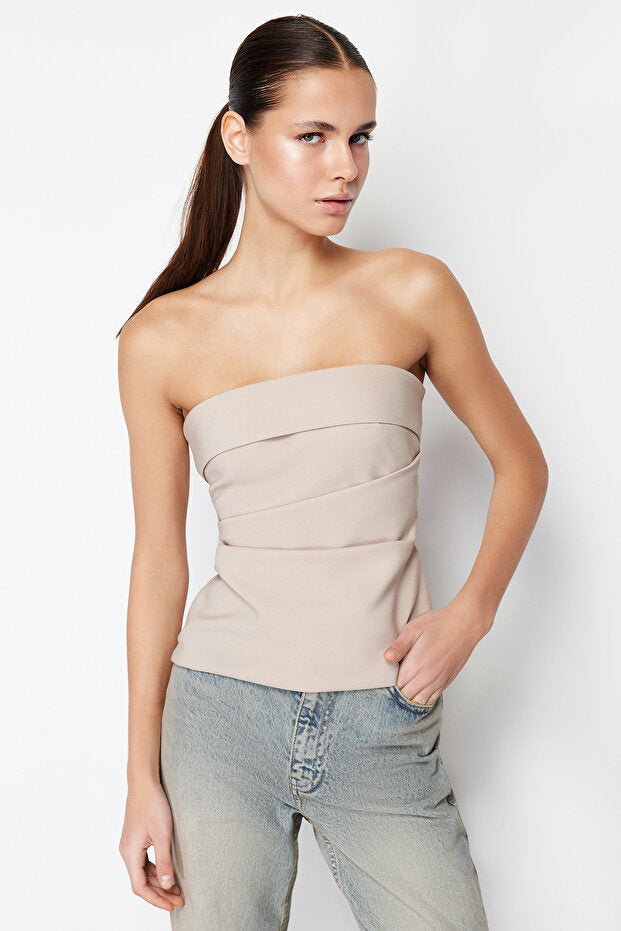 Mink Strapless Fitted Draped Woven Blouse