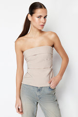 Mink Strapless Fitted Draped Woven Blouse