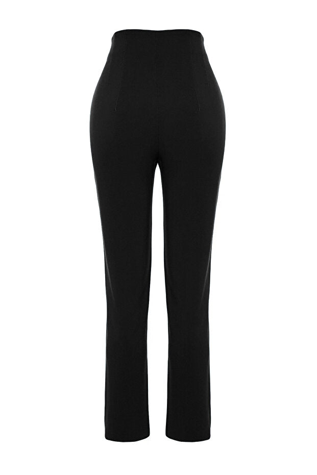 Black Cigarette-Fit Pleated High-Waisted Ankle-Length Woven Pants