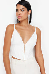 Bridal White Crop-Top Lined Woven Lace Bustier with Hook-and-Eye Closure