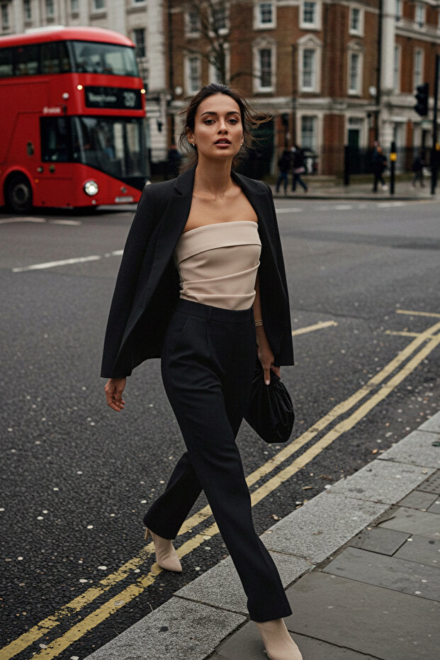 Mink Strapless Fitted Draped Woven Blouse