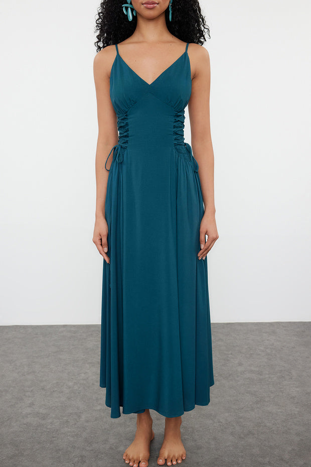 Petroleum Woven Tie Detail Maxi Beach Dress