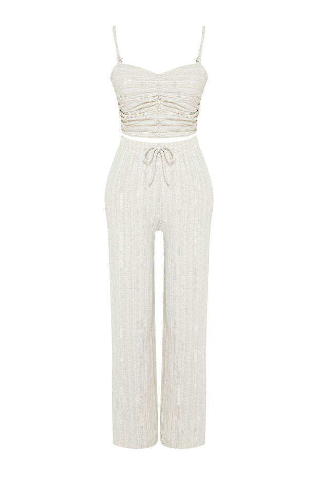 Ecru Textured Blouse and Pants Beach Set