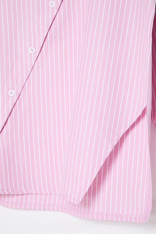 Pink-Collar Striped Woven Shirt with Detailed Design