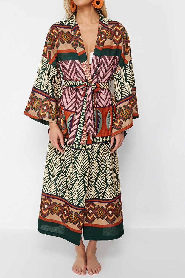 Ethnic-Patterned Woven Maxi Beach Kimono & Kaftan with Sash