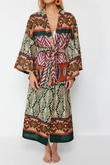 Ethnic-Patterned Woven Maxi Beach Kimono & Kaftan with Sash