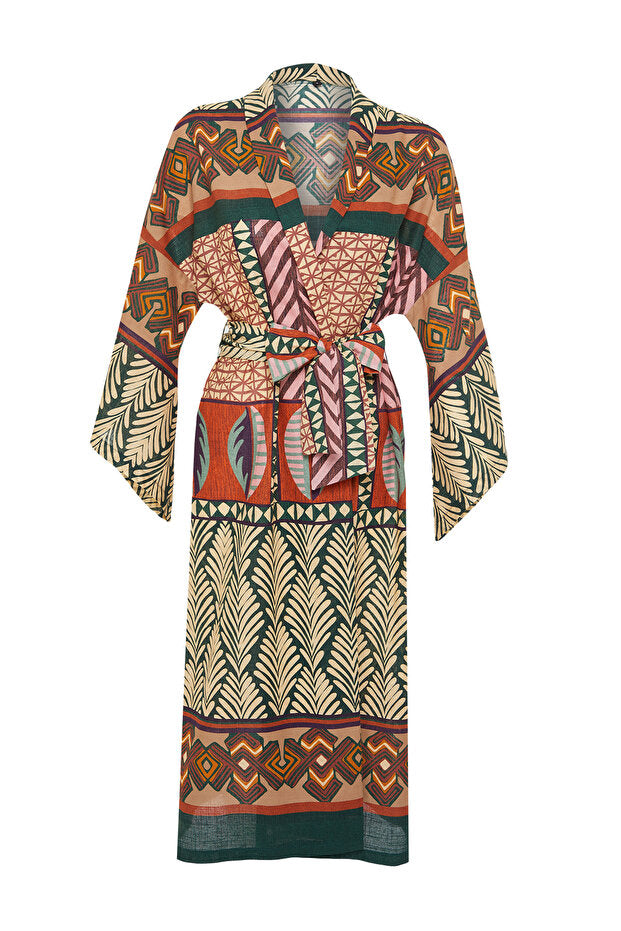 Ethnic-Patterned Woven Maxi Beach Kimono & Kaftan with Sash