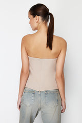 Mink Strapless Fitted Draped Woven Blouse