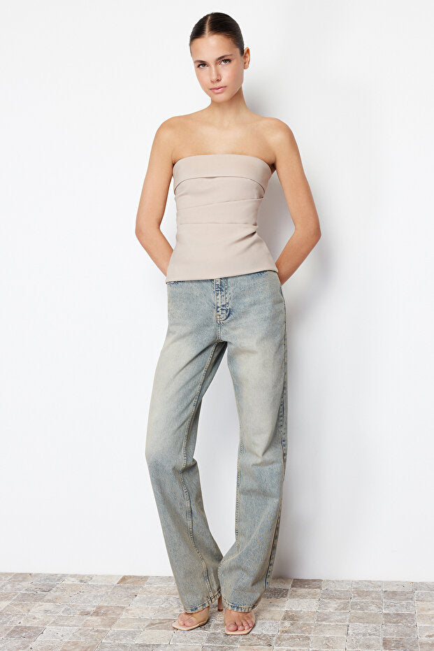 Mink Strapless Fitted Draped Woven Blouse