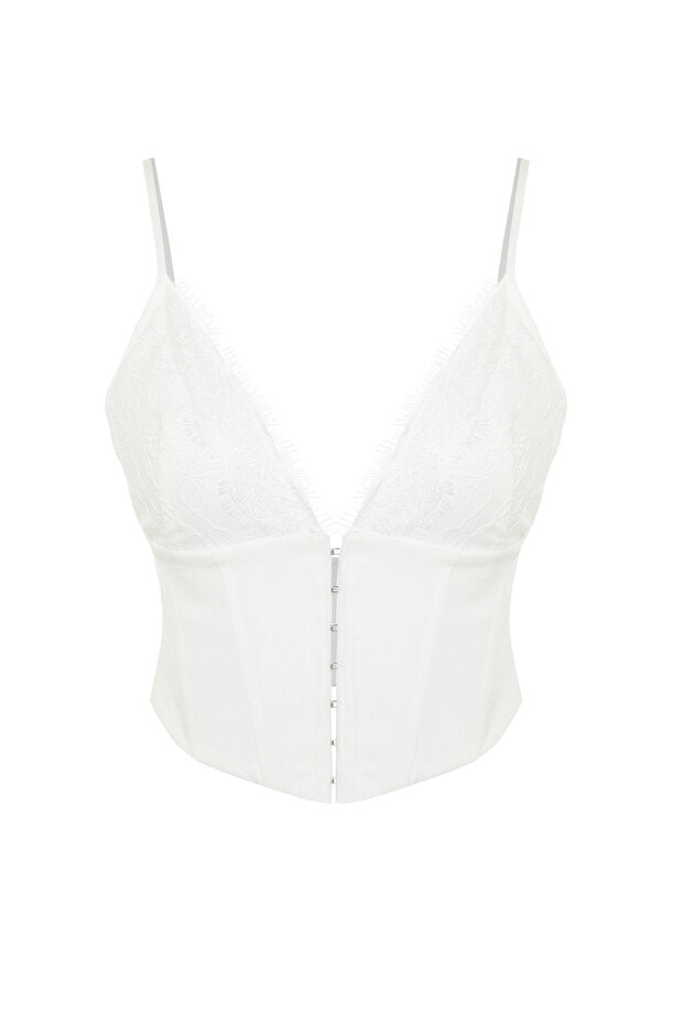 Bridal White Crop-Top Lined Woven Lace Bustier with Hook-and-Eye Closure