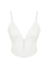 Bridal White Crop-Top Lined Woven Lace Bustier with Hook-and-Eye Closure