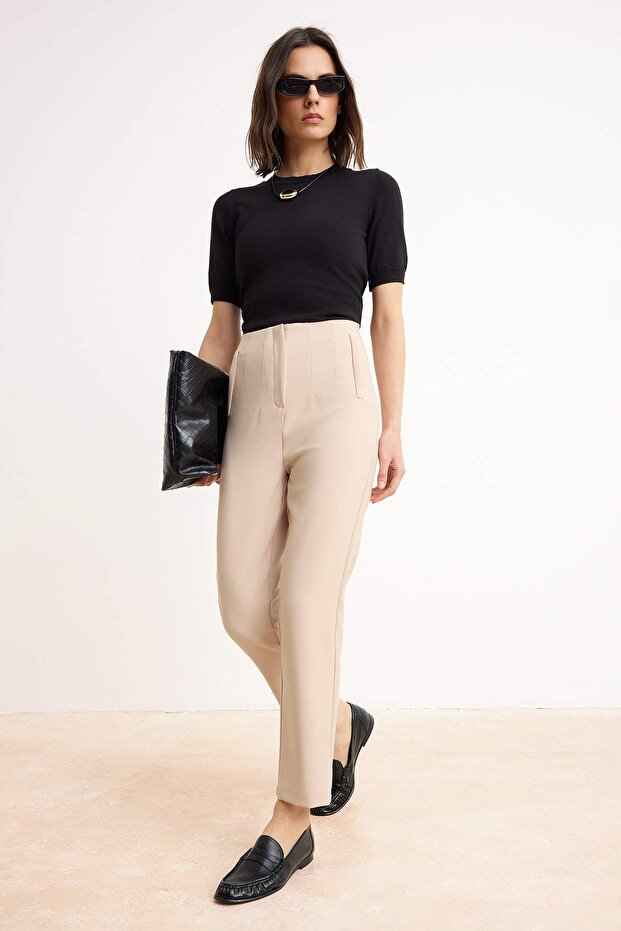 Beige Cigarette-Fit Pleated High-Waisted Ankle-Length Woven Pants