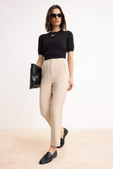 Beige Cigarette-Fit Pleated High-Waisted Ankle-Length Woven Pants