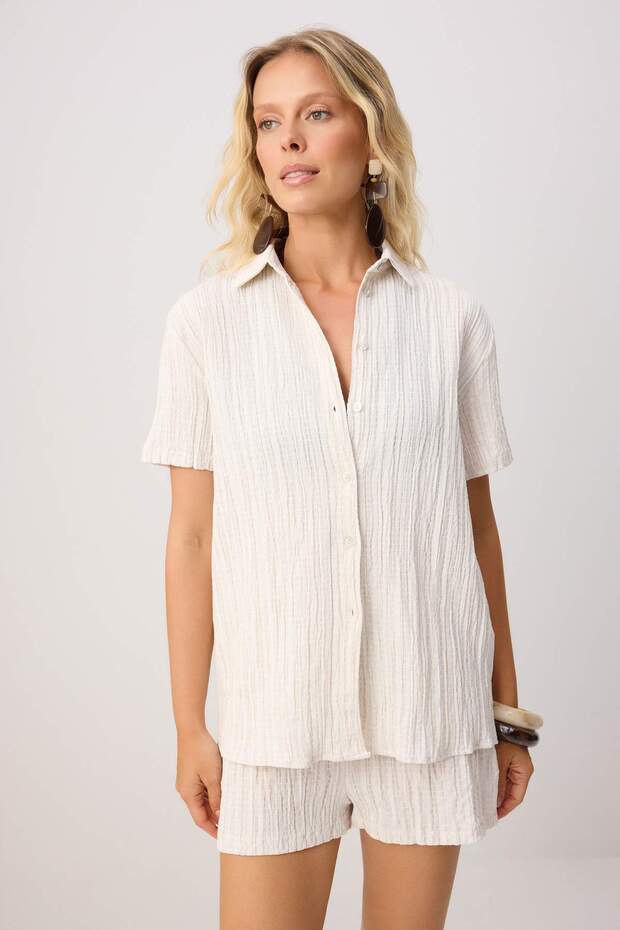 Ecru Woven Beach Shirt-Shorts Set