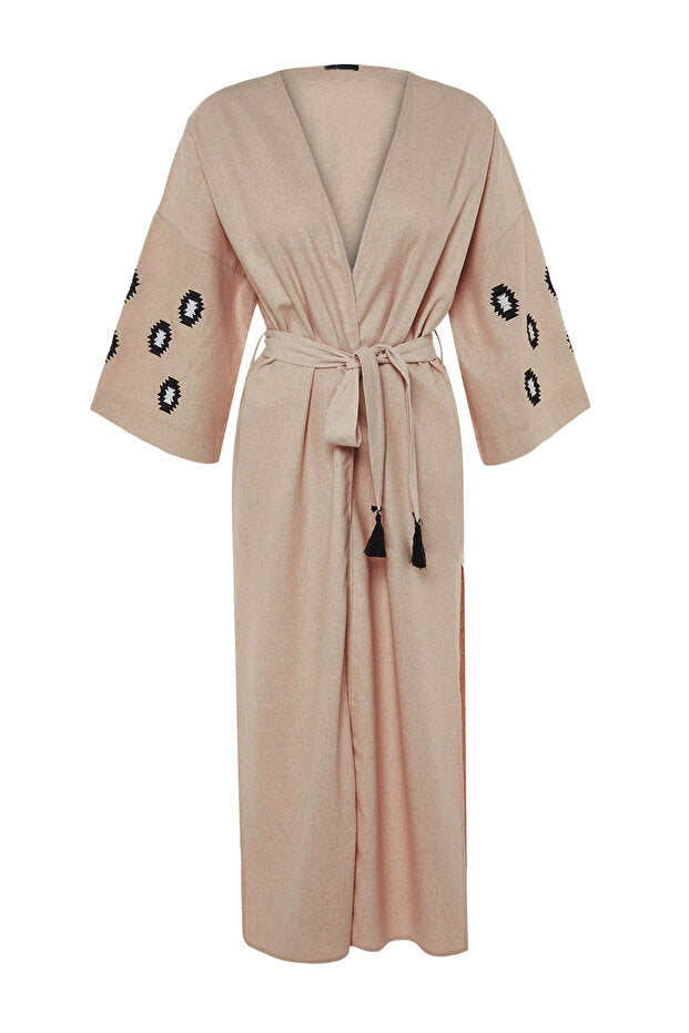 Beige Belted Woven Embroidered Maxi Beach Kimono & Kaftan