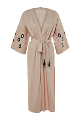Beige Belted Woven Embroidered Maxi Beach Kimono & Kaftan