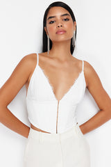 Bridal White Crop-Top Lined Woven Lace Bustier with Hook-and-Eye Closure