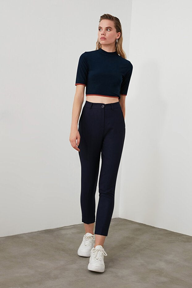 Navy Basic Cigarette Slim-Fit Woven Fabric Pants