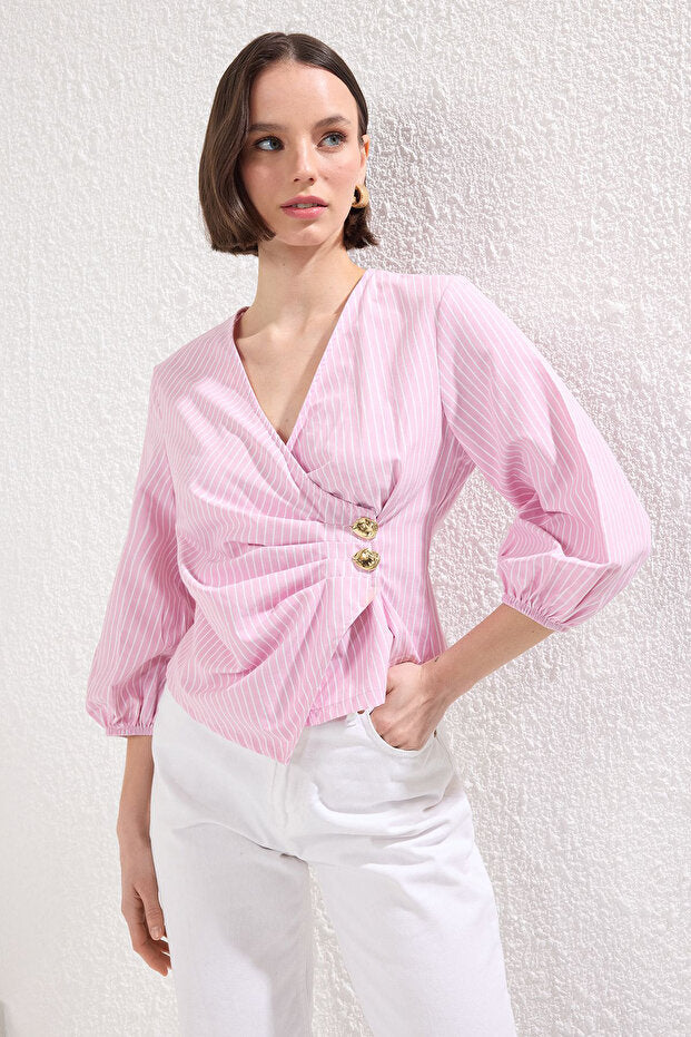 Pink Double-Breasted Striped Woven Blouse