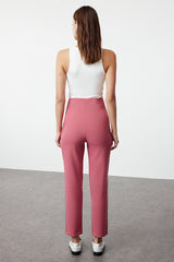 Dusty Rose High-Waist Pleated Ankle-Length Cigarette Woven Trousers