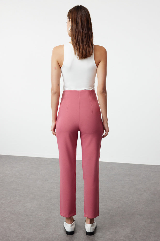 Dusty Rose High-Waist Pleated Ankle-Length Cigarette Woven Trousers