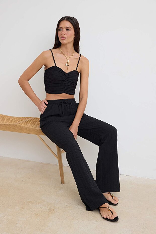 Black Textured Blouse and Pants Beach Set
