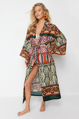 Ethnic-Patterned Woven Maxi Beach Kimono & Kaftan with Sash