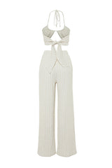 Ecru Woven Linen-Blend Blouse and Pants Beach Set